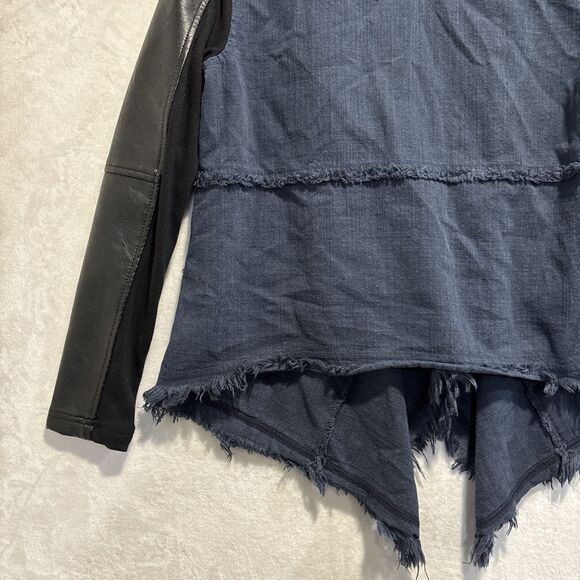 BlankNYC Drape Front Mixed Media Denim Vegan Leather Fringe Jacket Size Medium - Picture 9 of 15